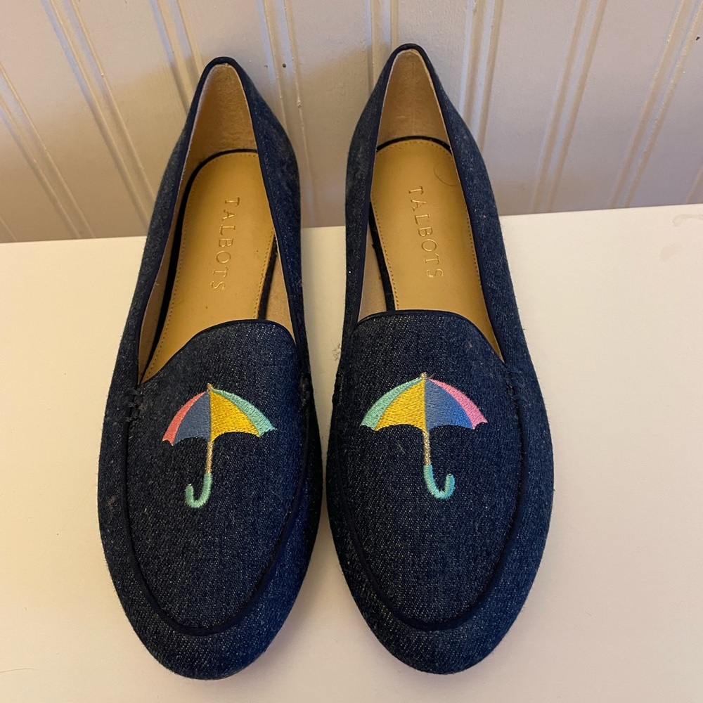 Talbots Blue Denim Loafers with Colorful Umbrella Embroidery